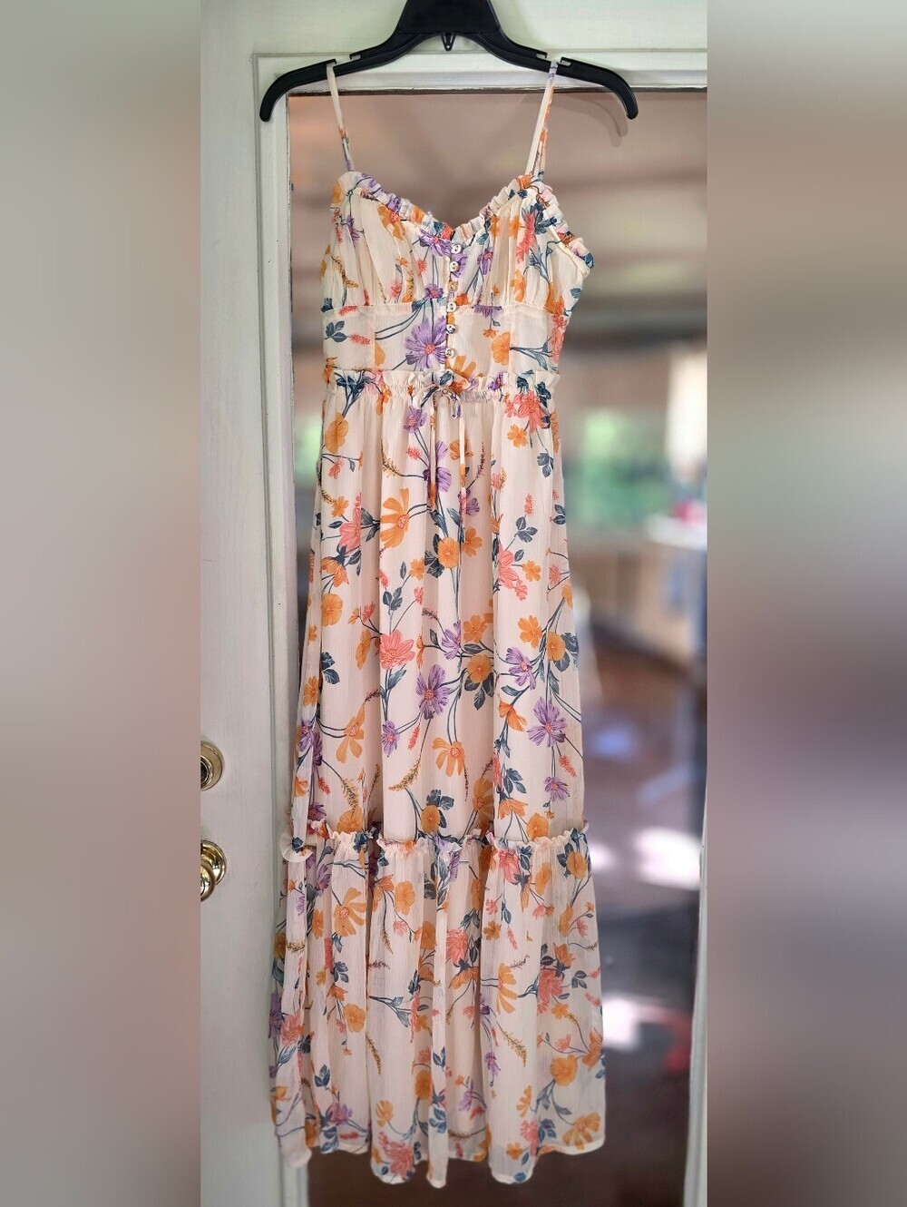 Patrons Of Peace Floral Tiered Maxi Dress Cream Flowy Boho Flowers Sz XS
